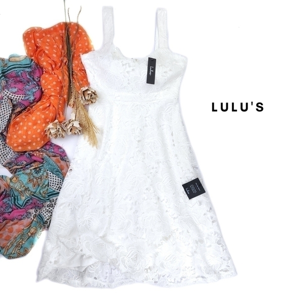 New Lulu's White Lace Lined Dress Sz M - Picture 4 of 11